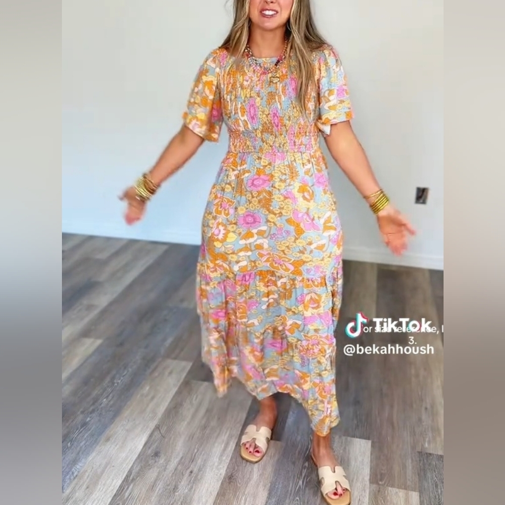 Boho Floral Smocked / Tiered Maxi Dress - Picture 3 of 13